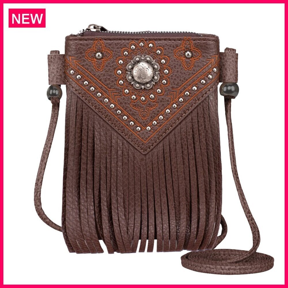 Small Leather Crossbody Phone Purse with Fringe and Studs